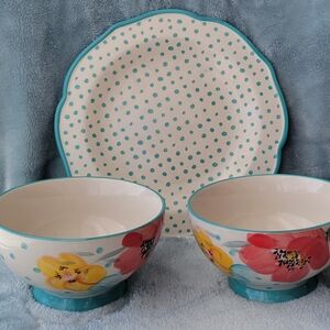 Pioneer Woman Floral Ceramic Bowls with Polka Dot Plate - Aqua Trim